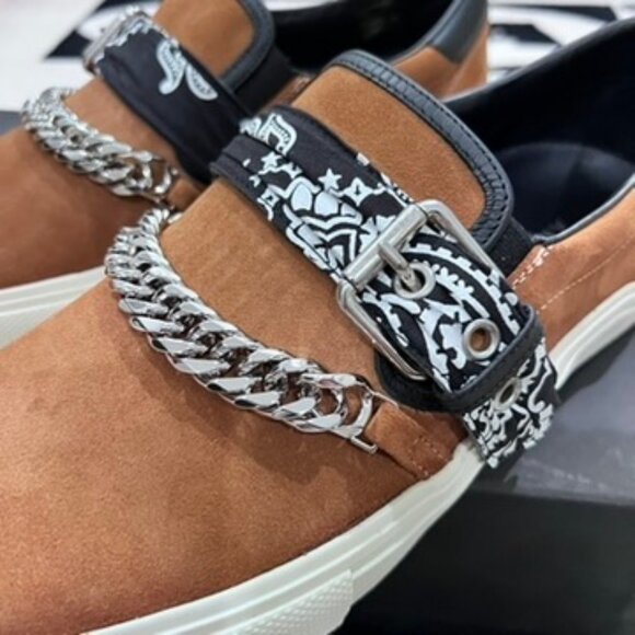 Amiri Bandana Buckle Chain Cognac Suede Leather Slip On Shoes